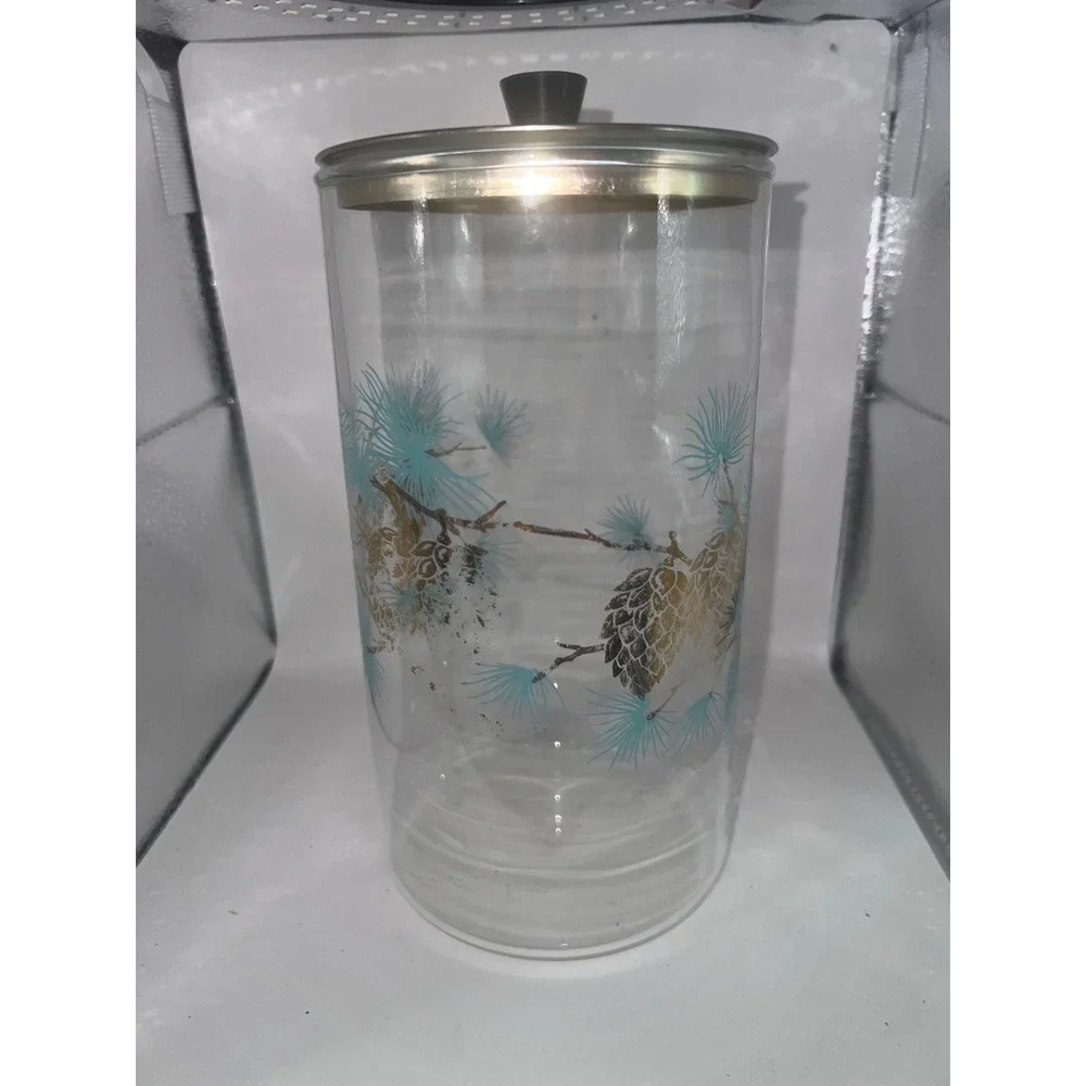 Vtg Mid Century Glass Libbey Canister Teal Pinecone Gold Pine Motif Metallic Lid